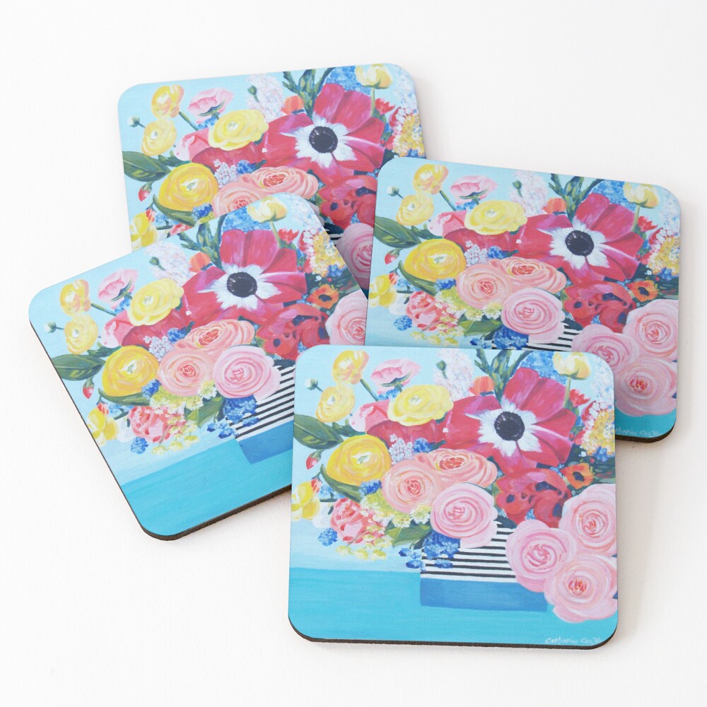 A vase full of Ranunculus, lupins and roses artwork 'A bouquet of sunshine' of by Catherine Cox-Bhogal Coasters (Set of 4)