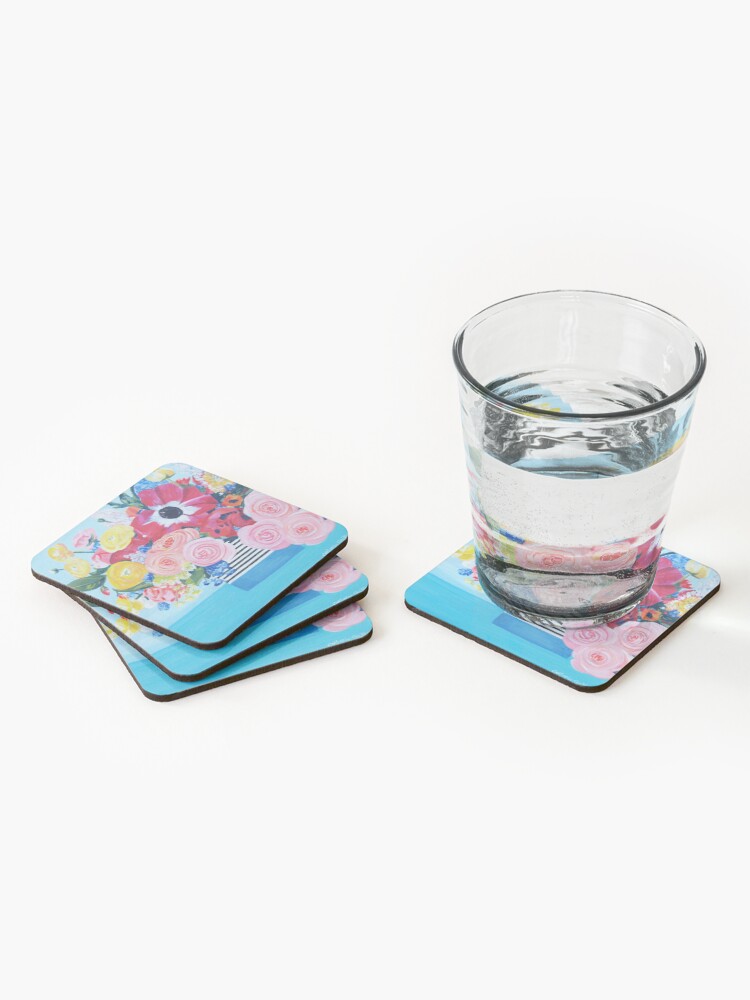 Alternate view of A vase full of Ranunculus, lupins and roses artwork 'A bouquet of sunshine' of by Catherine Cox-Bhogal Coasters (Set of 4)