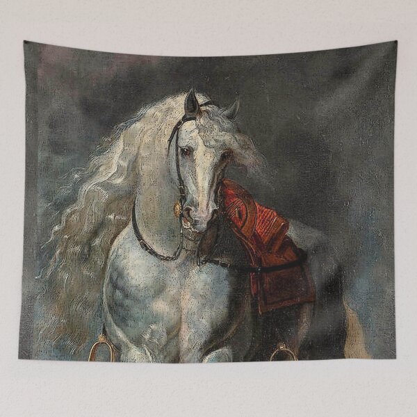 Item preview, white horse trotting over a flat landscape before a city  - peter paul rubens designed and sold by Vintage Designs +.