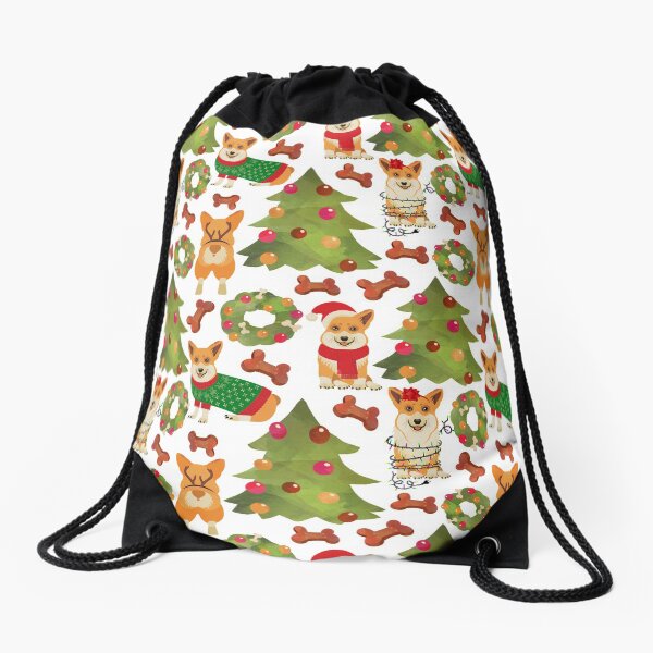 Corgi Christmas White Drawstring Bag
