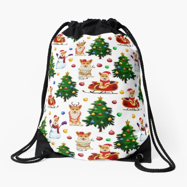 Corgis Christmas Pattern White Drawstring Bag