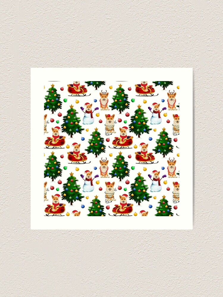 Alternate view of Corgis Christmas Pattern White Art Print