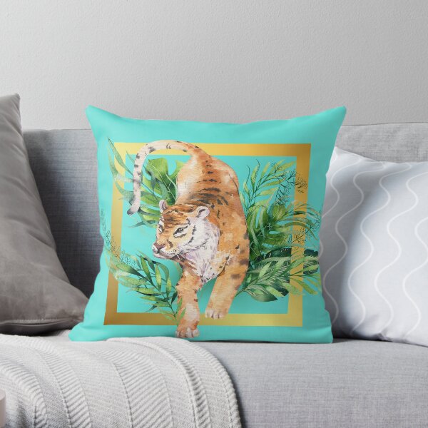 Watercolour Tiger Jumping Through A Gold Frame Throw Pillow