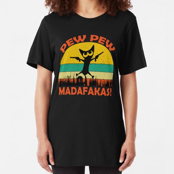 retro vintage Cat Pew Pew Madafakas Slim Fit T-Shirt
