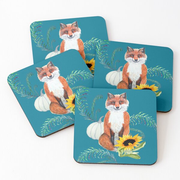 Item preview, Fox, sunflower, fern and white pumpkin on teal designed and sold by MagentaRose.