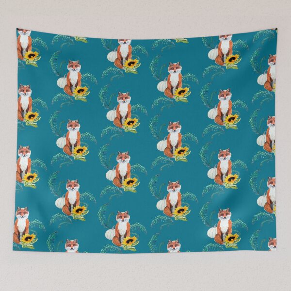 Item preview, Fox, sunflower, fern and white pumpkin on teal designed and sold by MagentaRose.