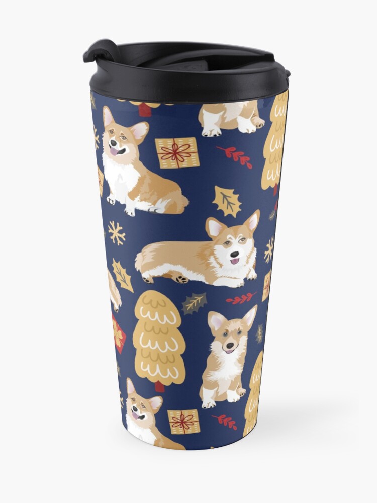 Alternate view of Merry Corgmess - Corgi Christmas Pattern - blue Travel Mug