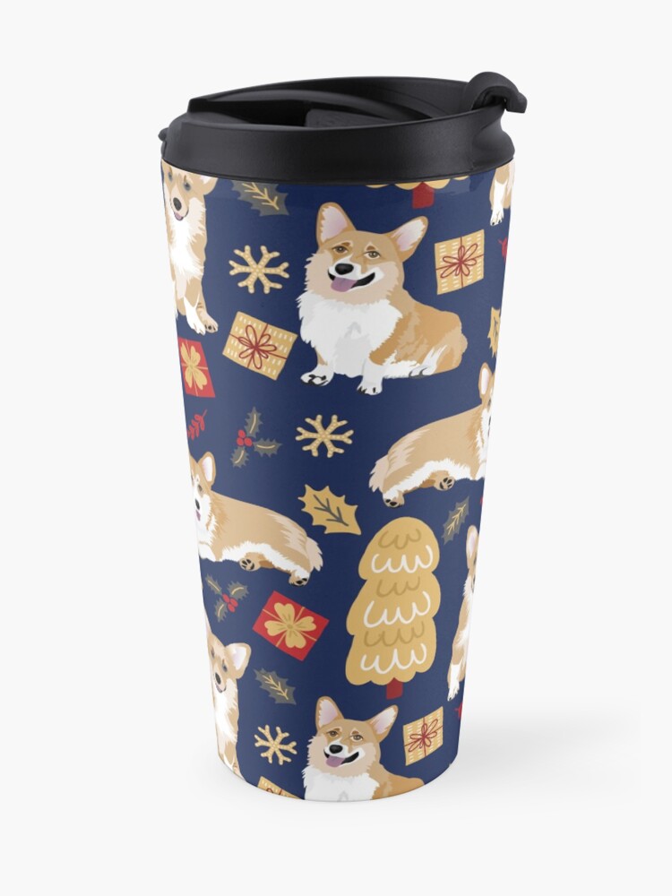 Alternate view of Merry Corgmess - Corgi Christmas Pattern - blue Travel Mug