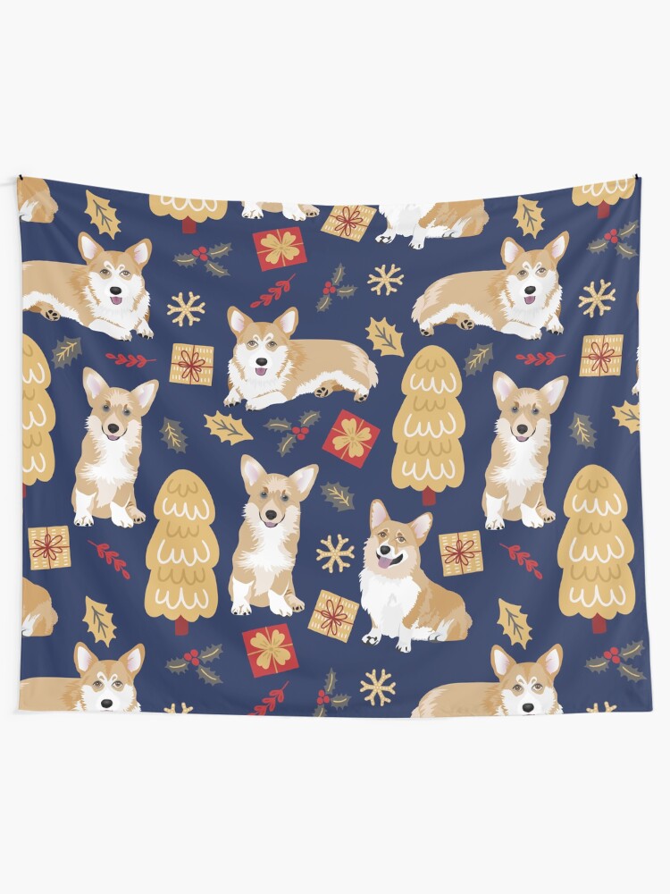 Alternate view of Merry Corgmess - Corgi Christmas Pattern - blue Tapestry