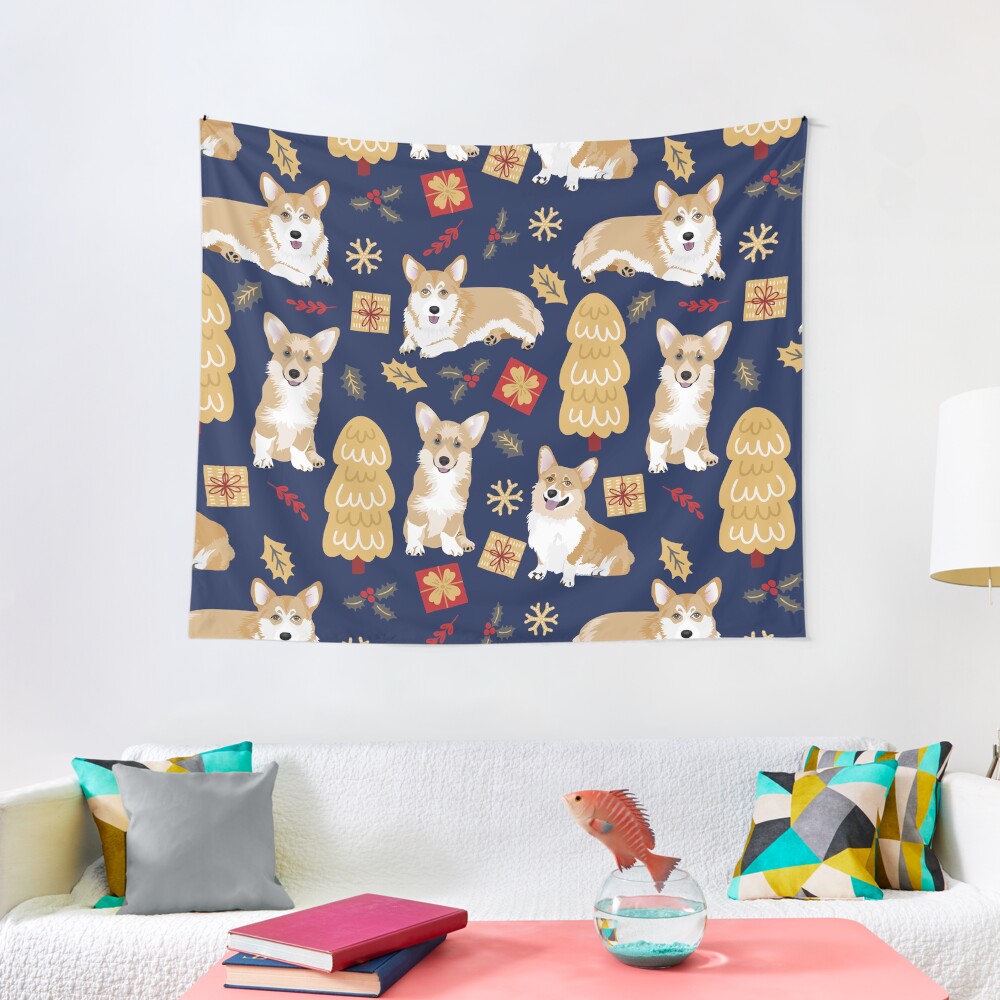 Merry Corgmess - Corgi Christmas Pattern - blue Tapestry