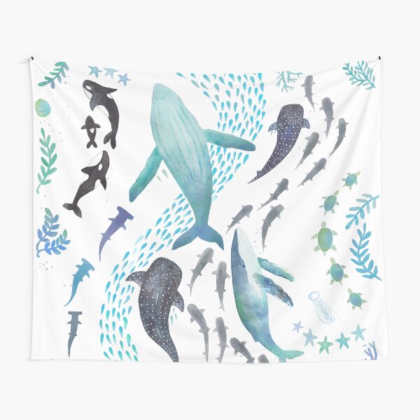 Sharks, Humpback Whales, Orcas & Turtles Ocean Play Print Tapestry