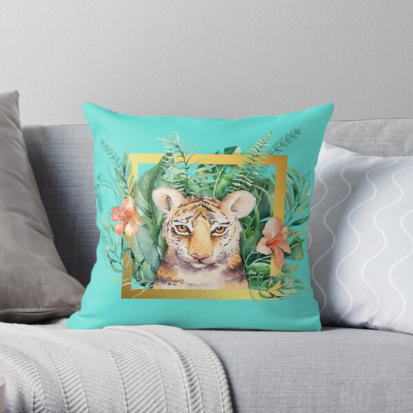 Watercolour Little Tiger In A Gold Frame Throw Pillow