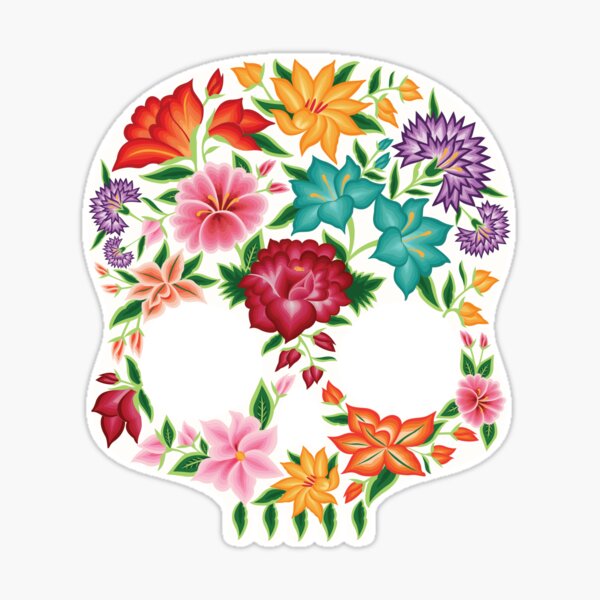 Mexican Embroidery Style Skull Design from Oaxaca, México (Black  Background) - Mexican Skull Floral Design - Sticker