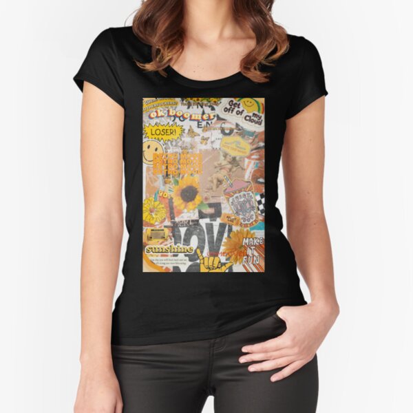 Pastel yellow T-shirt with colorful collage-style print