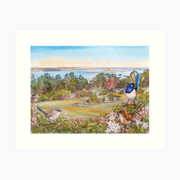 Item preview, Mt Nelson Signal Station view with  Blue Wrens designed and sold by melhillswildart.