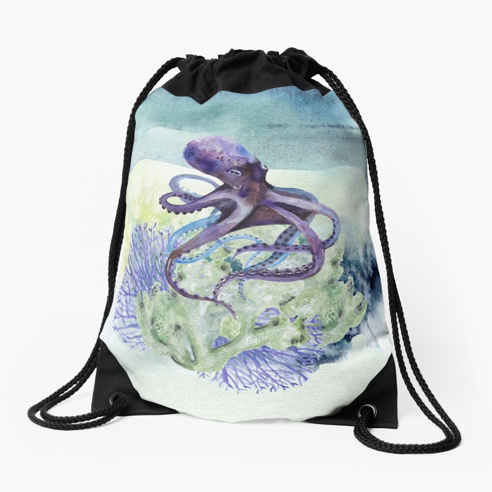 Watercolor Under Sea Collection: Octopus Drawstring Bag