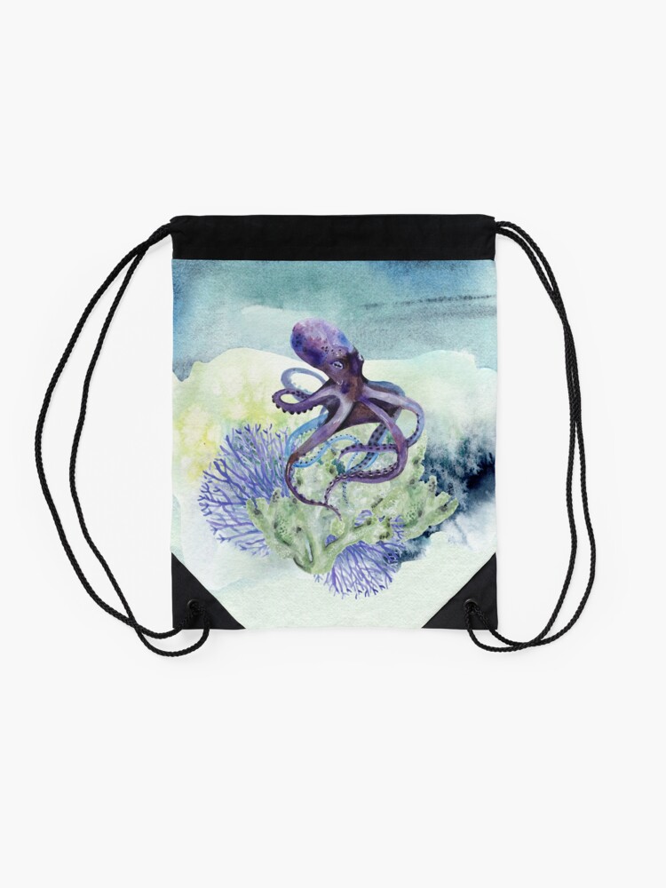 Alternate view of Watercolor Under Sea Collection: Octopus Drawstring Bag