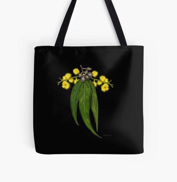 Australian native plant- Gum leaves and wattle All Over Print Tote Bag