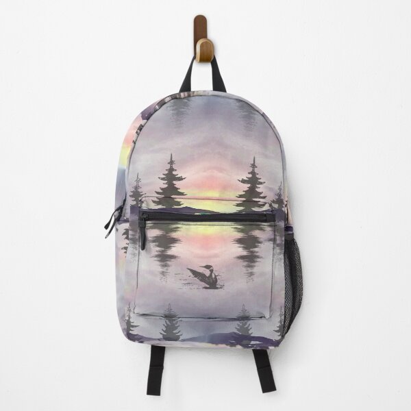 Item preview, Freshwater lake at sunrise with tent, firecamp and loon. designed and sold by Eejee-SK.