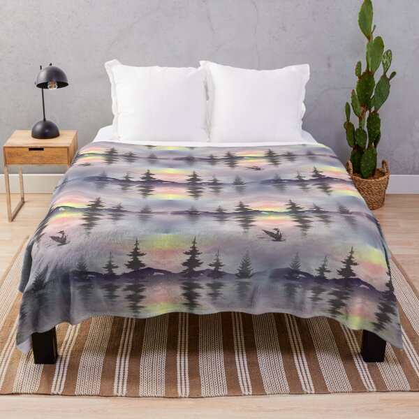 Item preview, Freshwater lake at sunrise with tent, firecamp and loon. designed and sold by Eejee-SK.