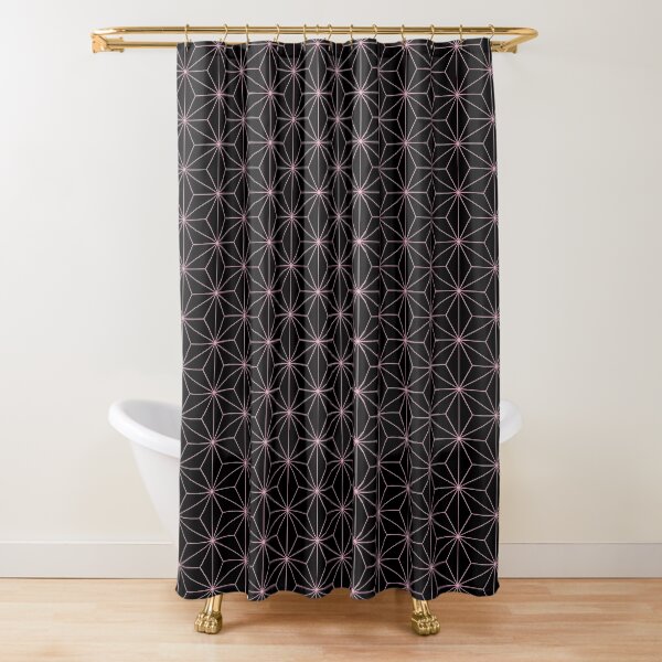 Traditional Japanese Asanoha Kimono pattern, Black And Pink Geometric Pattern, Japanese Haori Pattern Shower Curtain