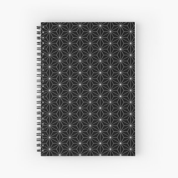 Traditional Japanese Asanoha White on Black Geometric Pattern Kimono Spiral Notebook