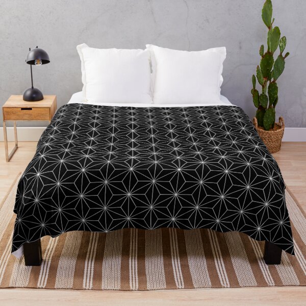 Traditional Japanese Asanoha White on Black Geometric Pattern Kimono Throw Blanket