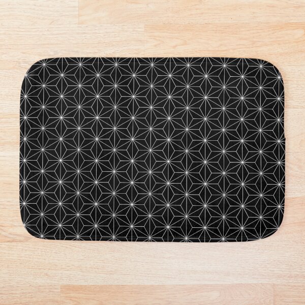 Traditional Japanese Asanoha White on Black Geometric Pattern Kimono Bath Mat