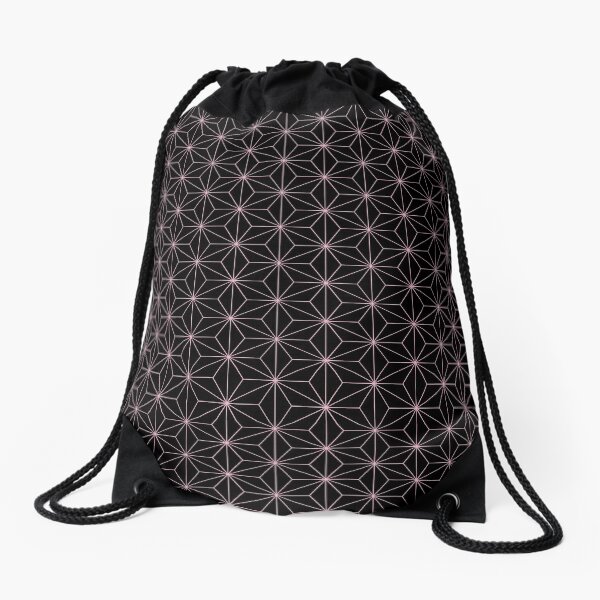 Traditional Japanese Asanoha Kimono pattern, Black And Pink Geometric Pattern, Japanese Haori Pattern Drawstring Bag