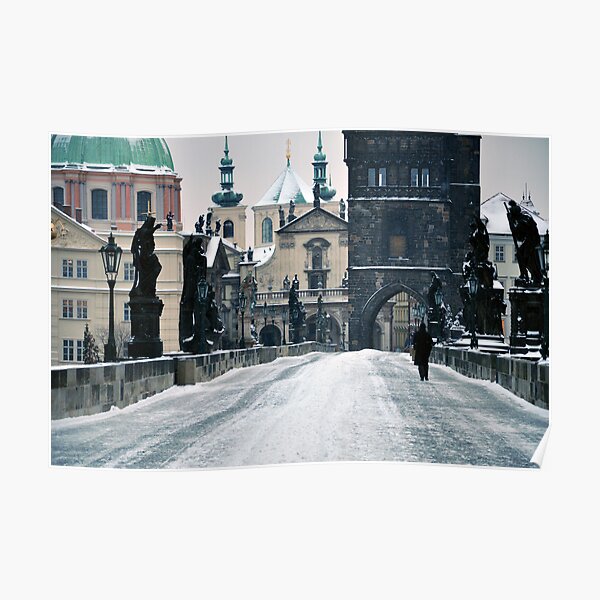 Snow on Prague's Charles Bridge with a hint of color Poster