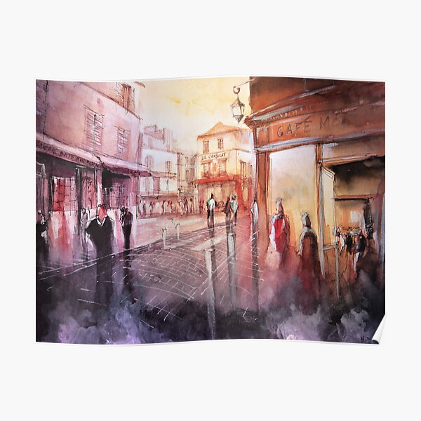 Watercolor - Sunset over Montmartre - Paris Poster