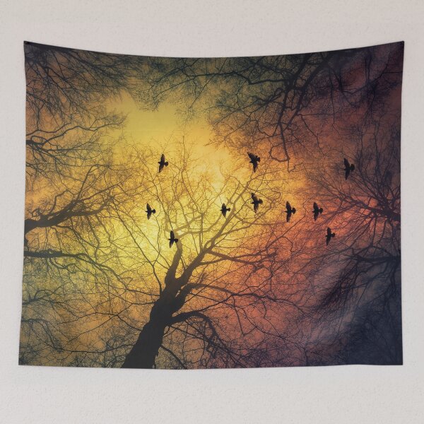 Item preview, inVasion - tree silhouettes and flock of birds against a dramatic sky designed and sold by Dyrk Wyst Redbubble Shop.