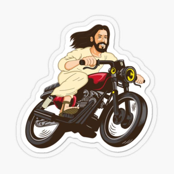"Jesus on the motorcycle helmet sticker" Sticker by Lukameister | Redbubble
