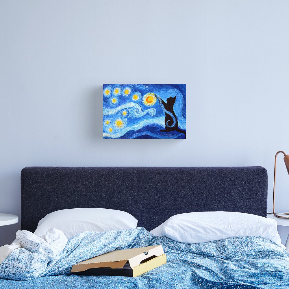 Starry Night Print with a Black Cat Canvas Print