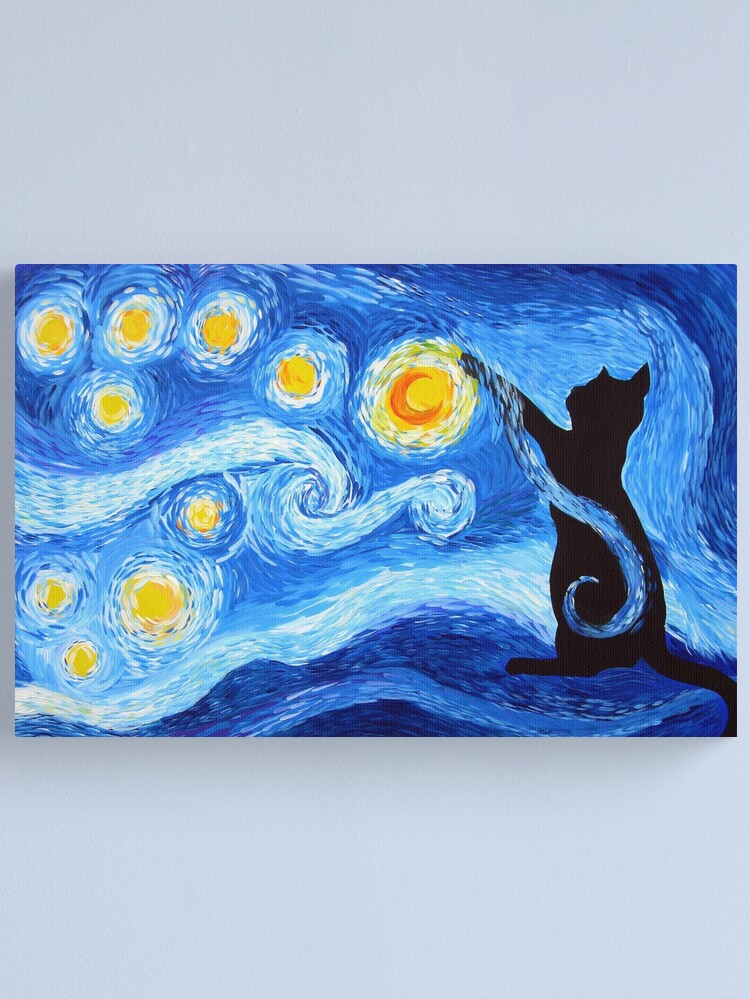 Alternate view of Starry Night Print with a Black Cat Canvas Print