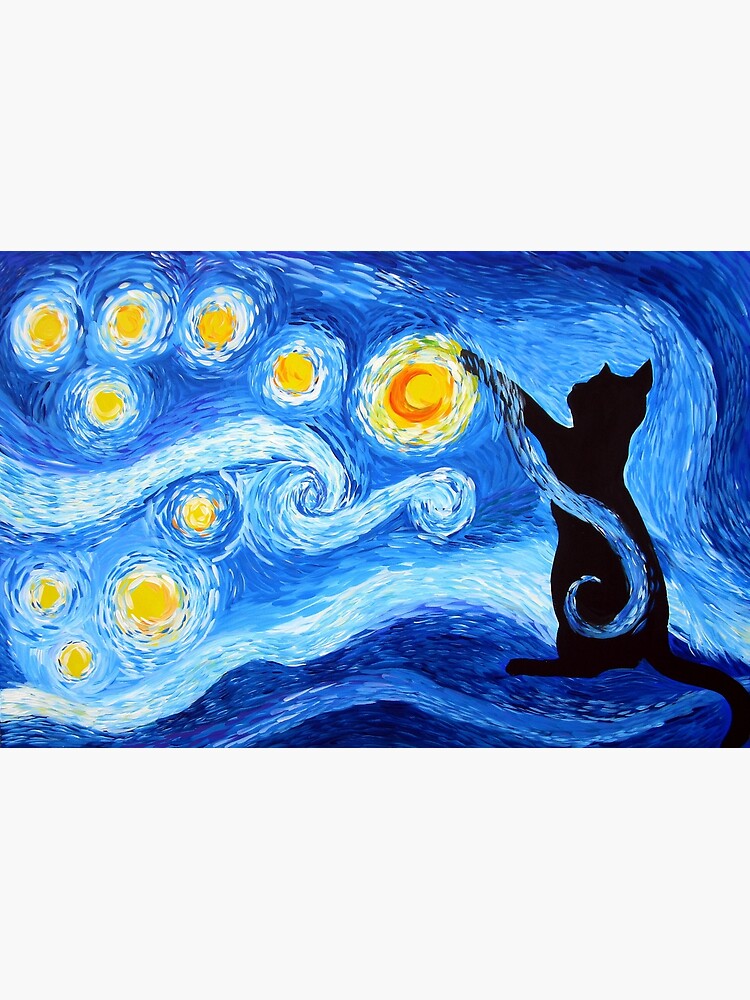 Starry Night Print with a Black Cat Canvas Print for Sale by cathyartist