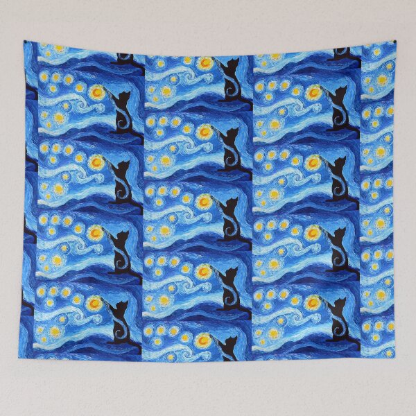 Item preview, Starry Night Print with a Black Cat designed and sold by cathyartist.