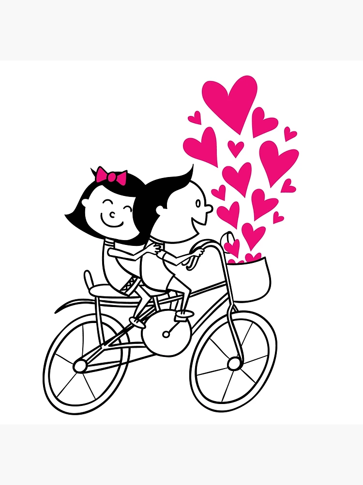 Happy valentines love story concept of a romantic couple against chalk  drawings background. Male riding his girlfriend in a front bicycle basket  Stock Photo - Alamy