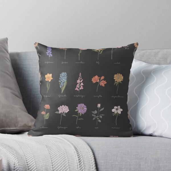 Botanical Flower Pattern Black Background Throw Pillow