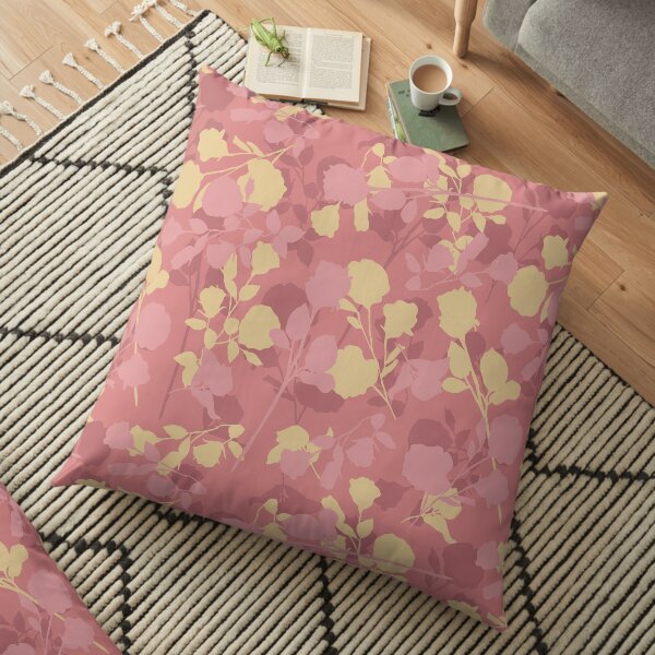Botanical Flower Pattern On A Red Dahlia Colored Background Floor Pillow