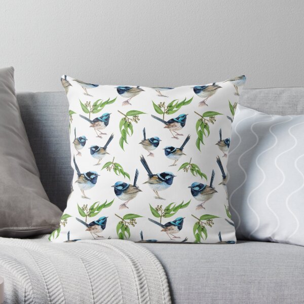 Australian Superb Fairy Wren and Gum Leaves Throw Pillow