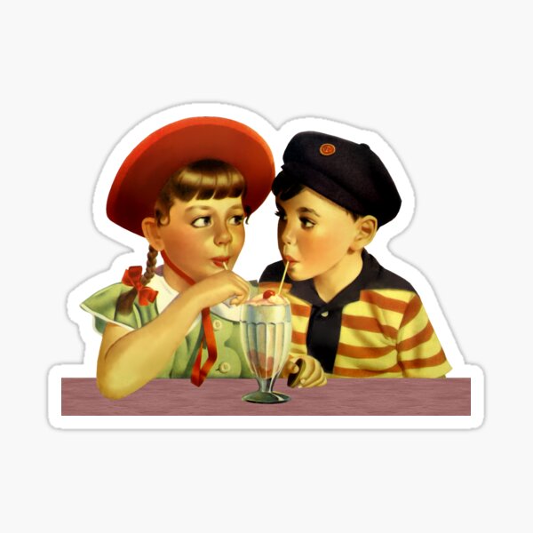 Vintage Cute Couple: Kids Sharing a Malted at the Soda Fountain Sticker
