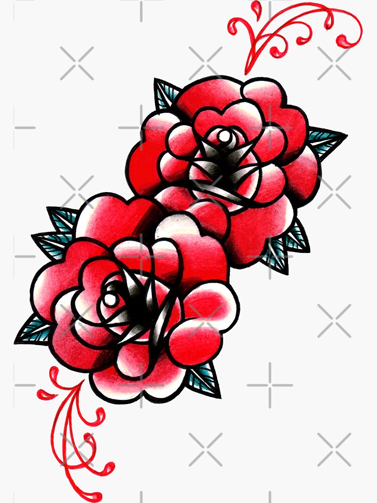 Traditional Rose Tattoo Flash Design Sticker By MissCarissaRose   Bg,f8f8f8 Flat,750x,075,f Pad,750x1000,f8f8f8 