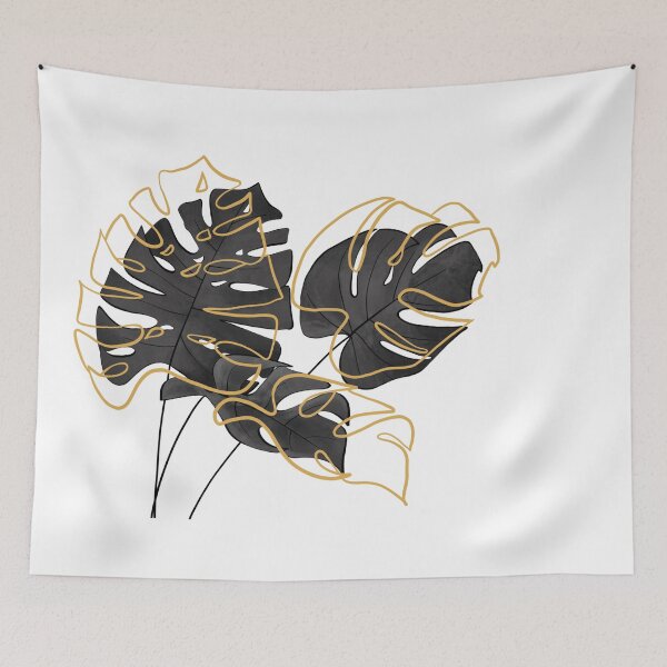 Item preview, black monstera leaves with gold line minimal designed and sold by MartaOlgaKlara.
