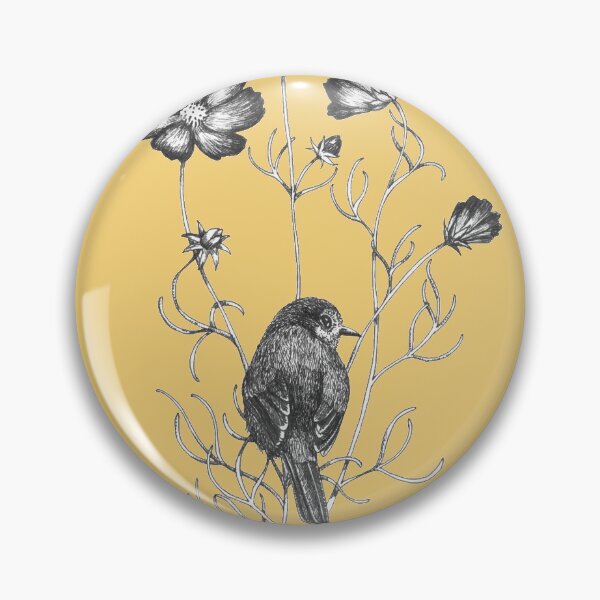 Item preview, bird in wild meadow flowers on mustard yellow background designed and sold by EllenLambrichts.