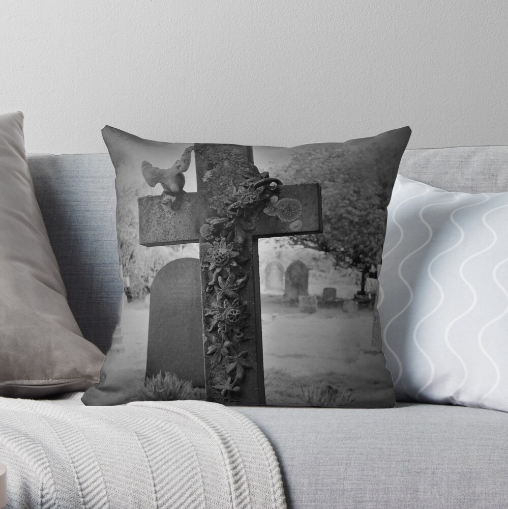 Cross Gravestone in Churchyard Throw Pillow