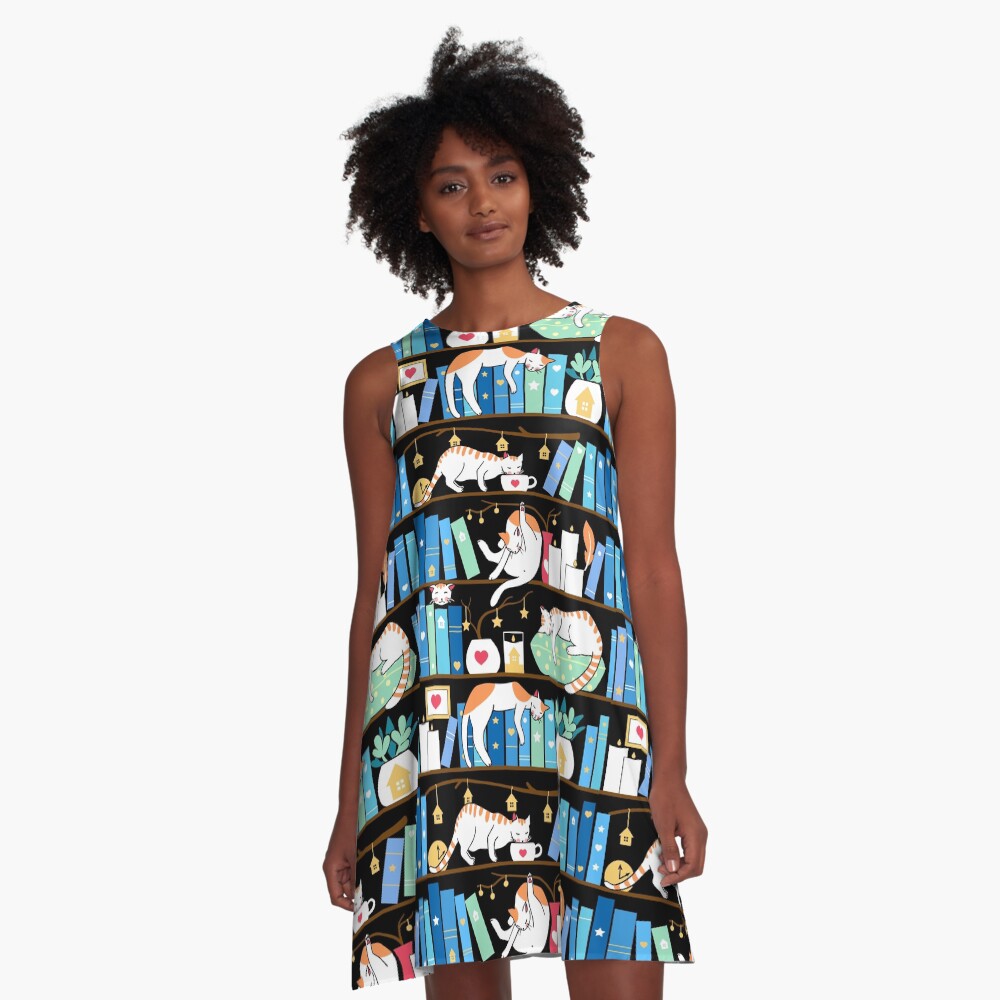 Library cats - turquoise morning A-Line Dress