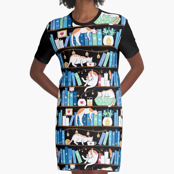 Library cats - turquoise morning Graphic T-Shirt Dress