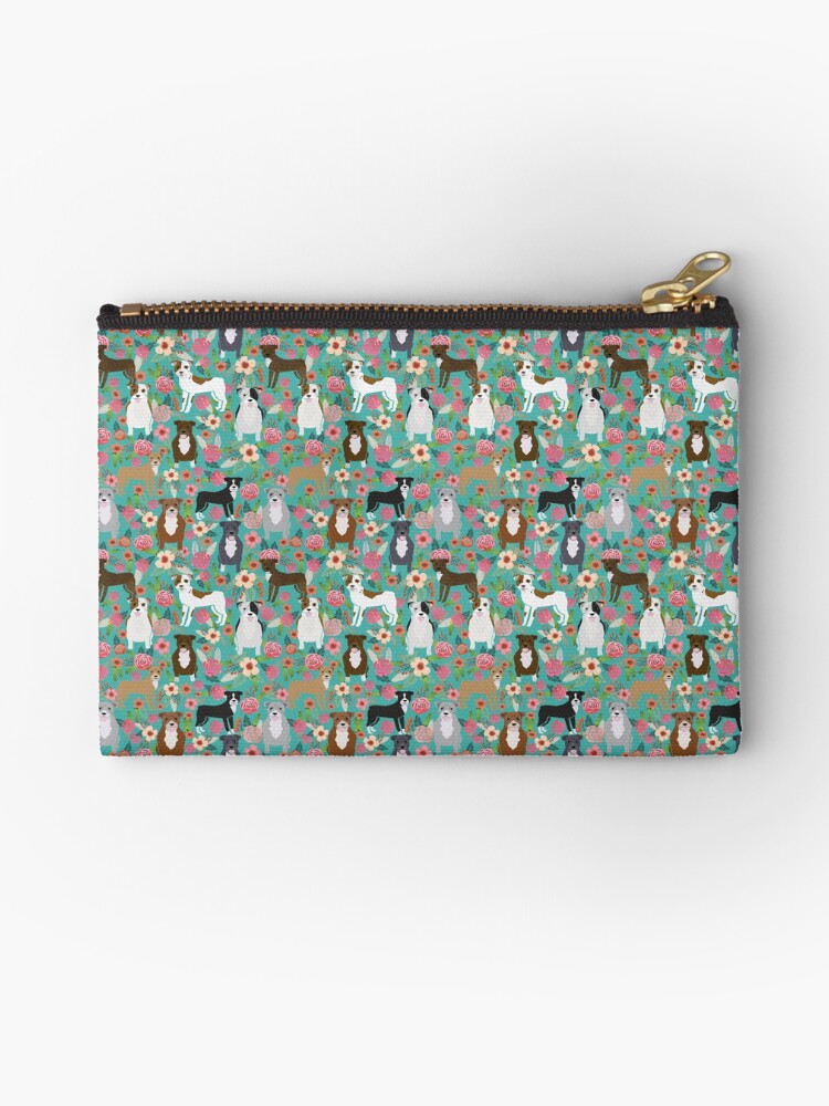 Thumbnail 1 of 4, Zipper Pouch, pitbull floral, pitty dogs floral pattern - vintage florals, doggo, brindle pitbull,fawn pitbull, brown pitbull, grey pitbulls, dog, dogs, pitty, staffy, cute dog, staffordshire terrier designed and sold by PetFriendly.