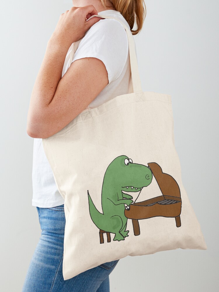 Fun Green T-Rex Dinosaur Playing Piano | Tote Bag